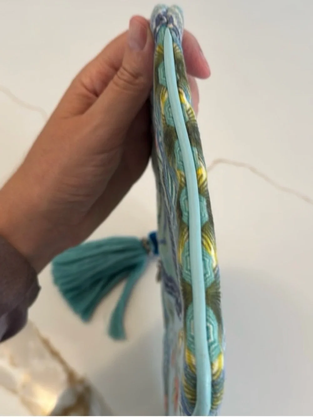Camilla Shades of Rio Floral Blue-Green Canvas Tassel Clutch